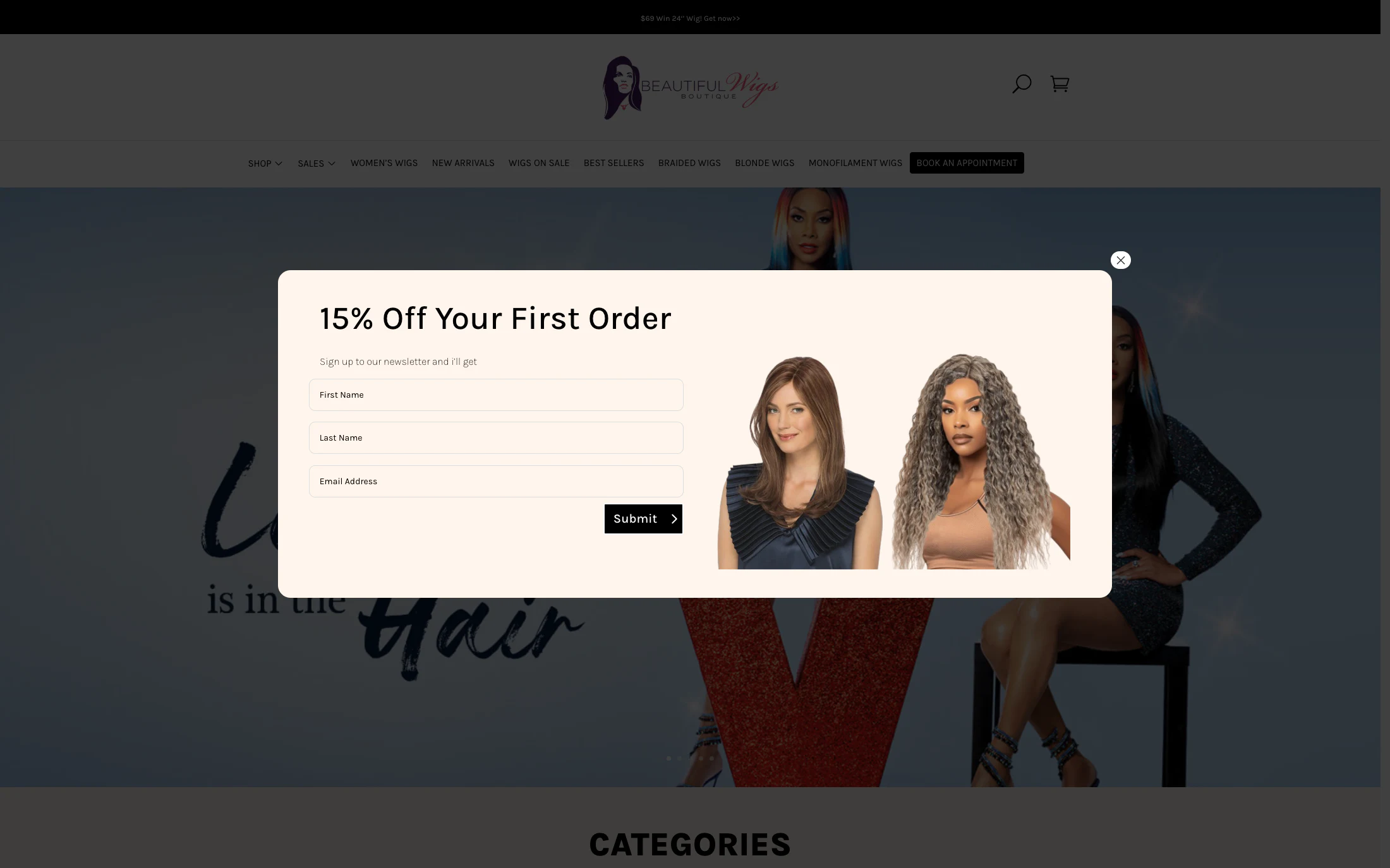 Beautiful Wigs homepage screenshot — Shopify project by Adnan Khan