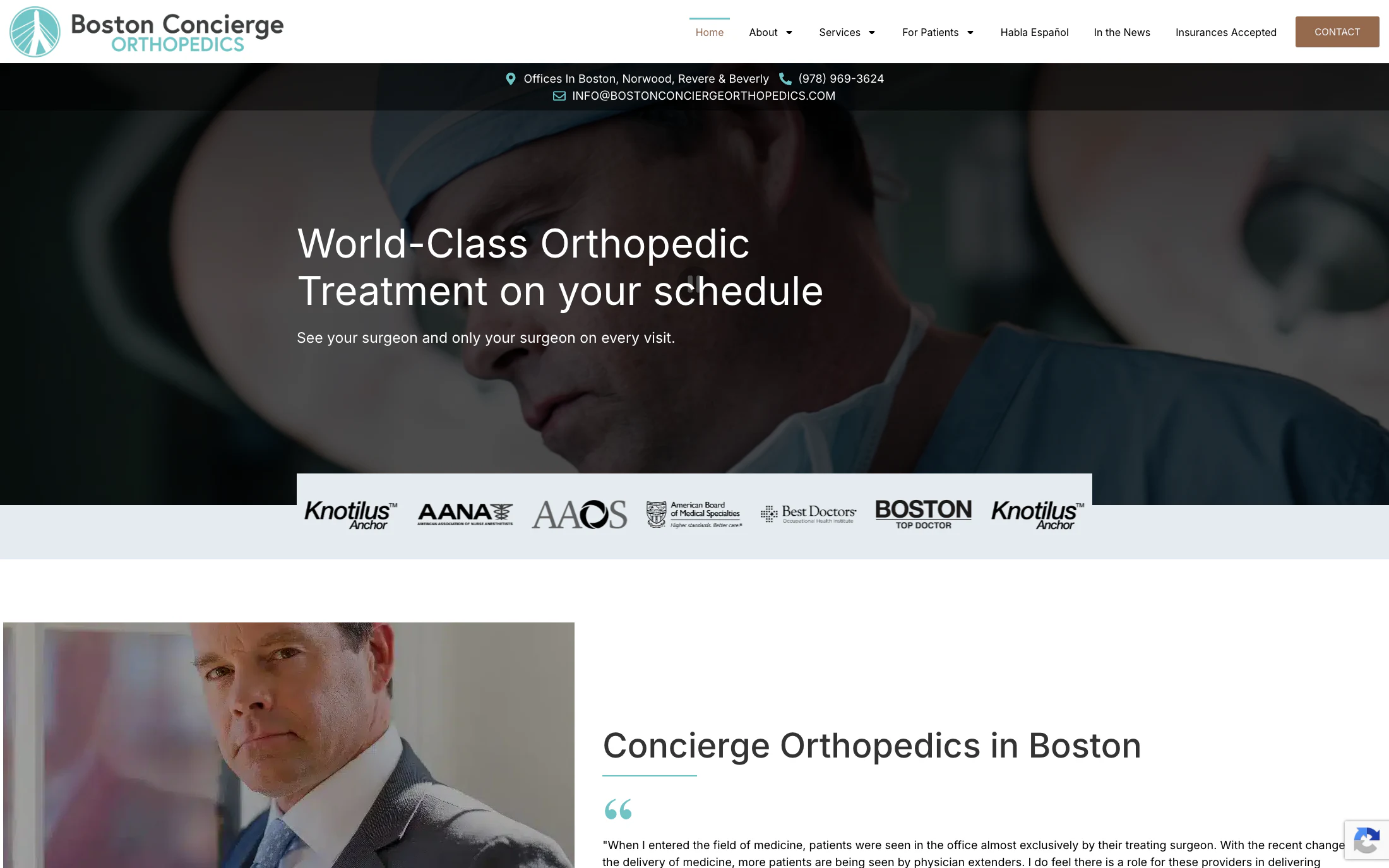 Boston Concierge Orthopedics homepage screenshot — WordPress + Elementor project by Adnan Khan