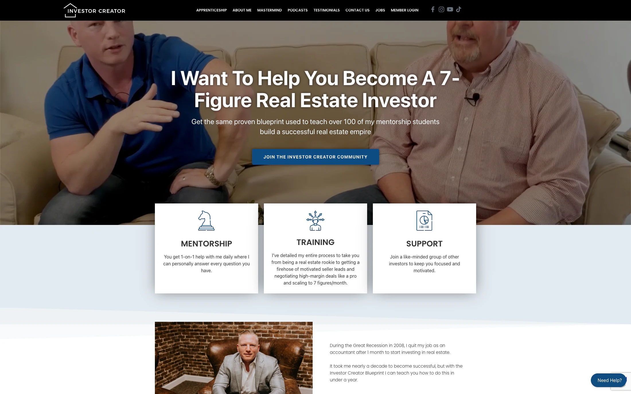 Investor Creator homepage screenshot — WordPress + LMS project by Adnan Khan