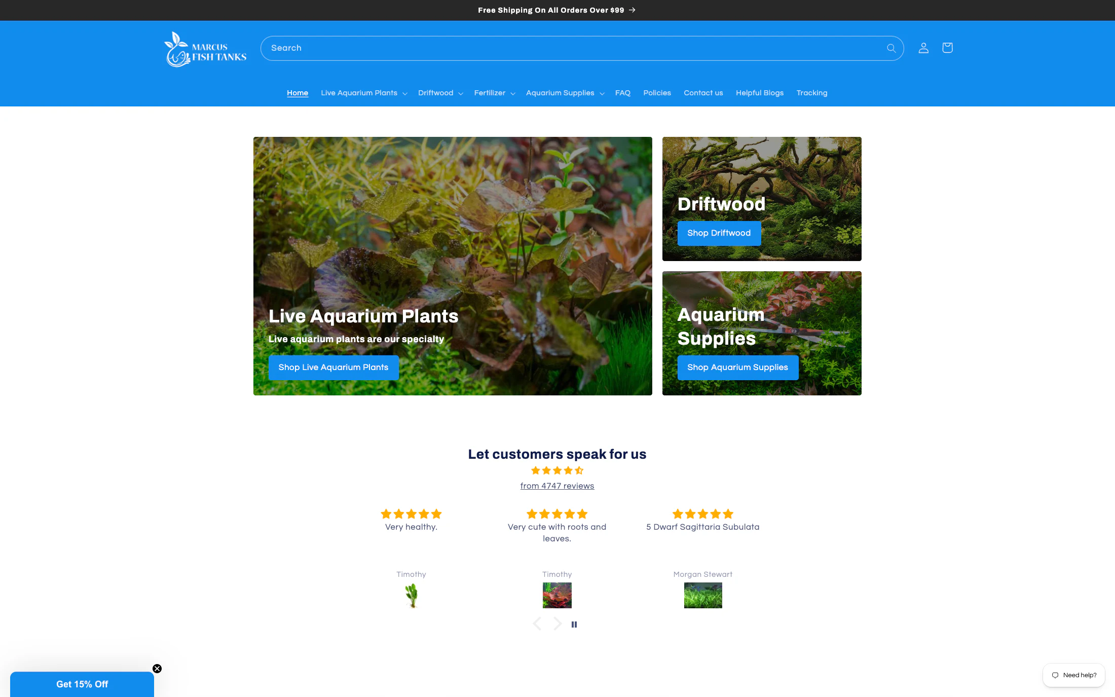 Marcus Fish Tanks homepage screenshot — Shopify project by Adnan Khan