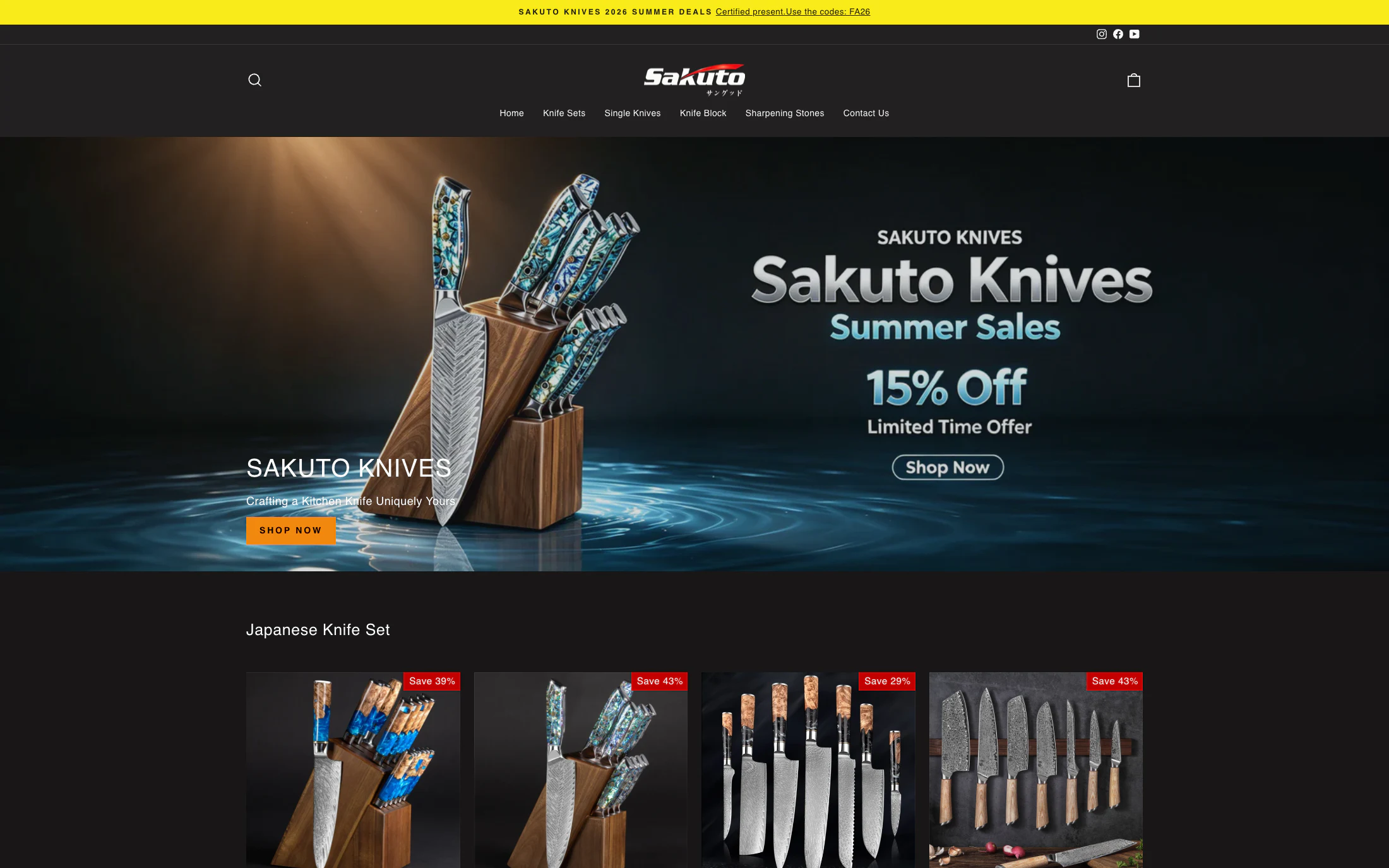 Sakuto Knives homepage screenshot — Shopify project by Adnan Khan