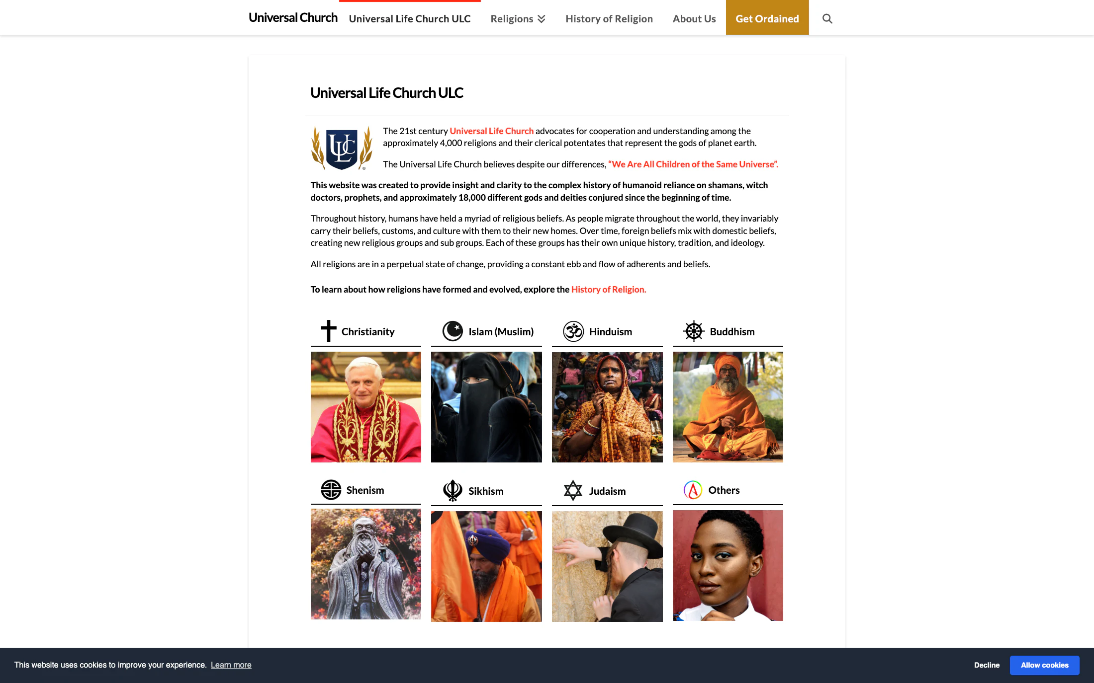 Universal Life Church homepage screenshot — WordPress project by Adnan Khan
